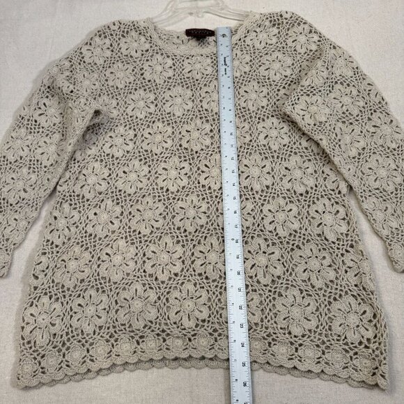 Yarnworks White & Gray Floral Crochet Long Sleeve Sweater Pullover Top L - Picture 8 of 11